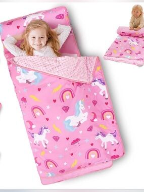 Kids Unicorn Pink Sleeping Bag Nap Mat with Plush Lining
